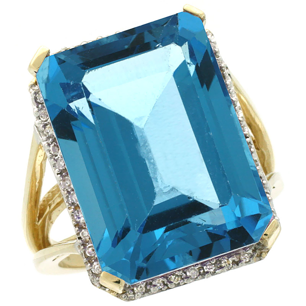 10K Yellow Gold Diamond Genuine Blue Topaz Ring Halo Emerald-cut 18x13mm sizes 5-10