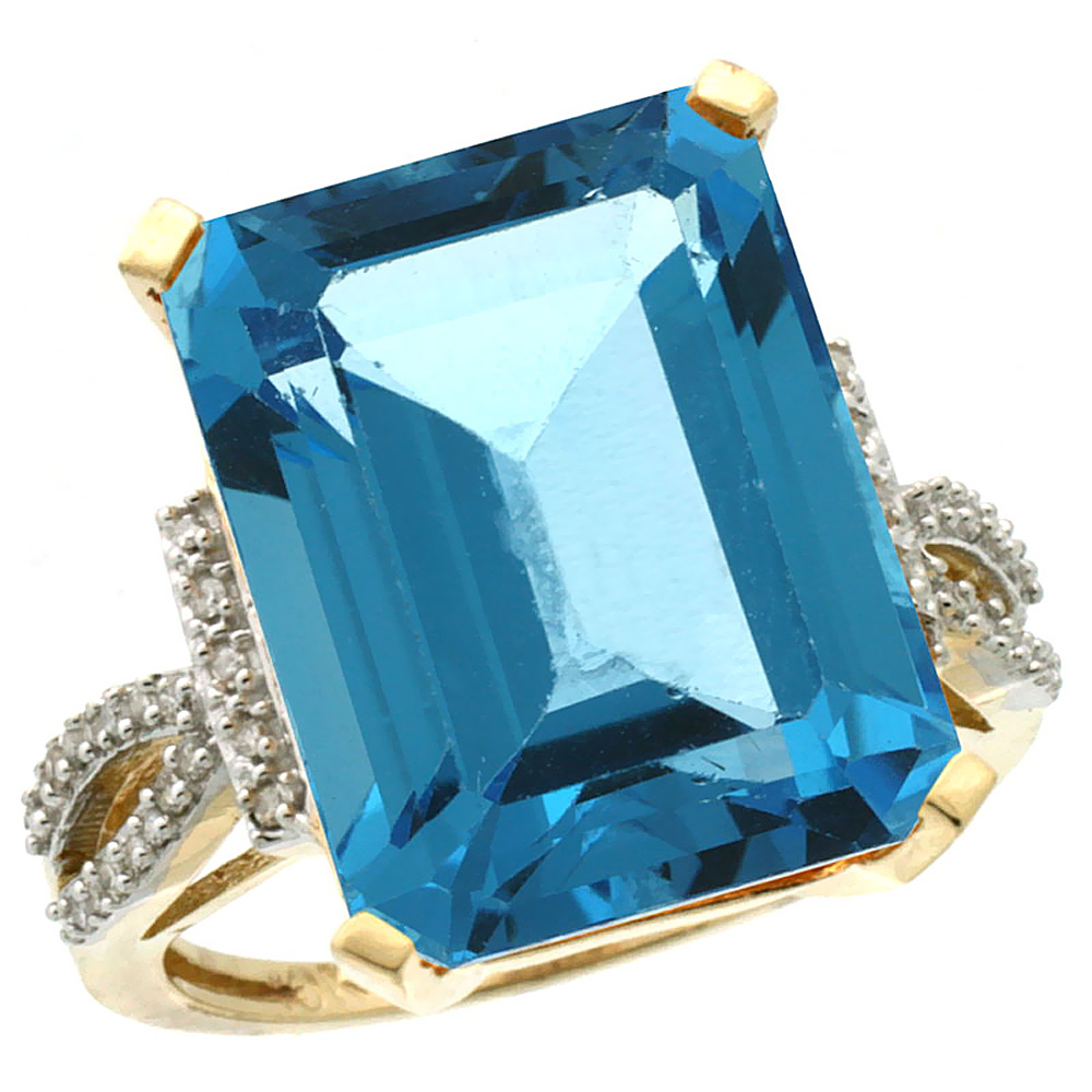 14K Yellow Gold Diamond Natural Swiss Blue Topaz Ring Emerald-cut 16x12mm, sizes 5-10