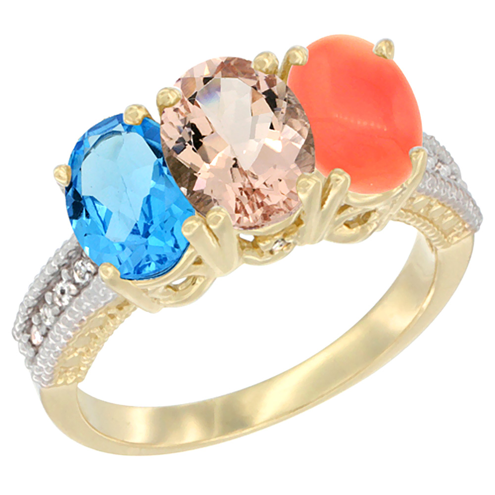 14K Yellow Gold Natural Swiss Blue Topaz, Morganite &amp; Coral Ring 3-Stone 7x5 mm Oval Diamond Accent, sizes 5 - 10