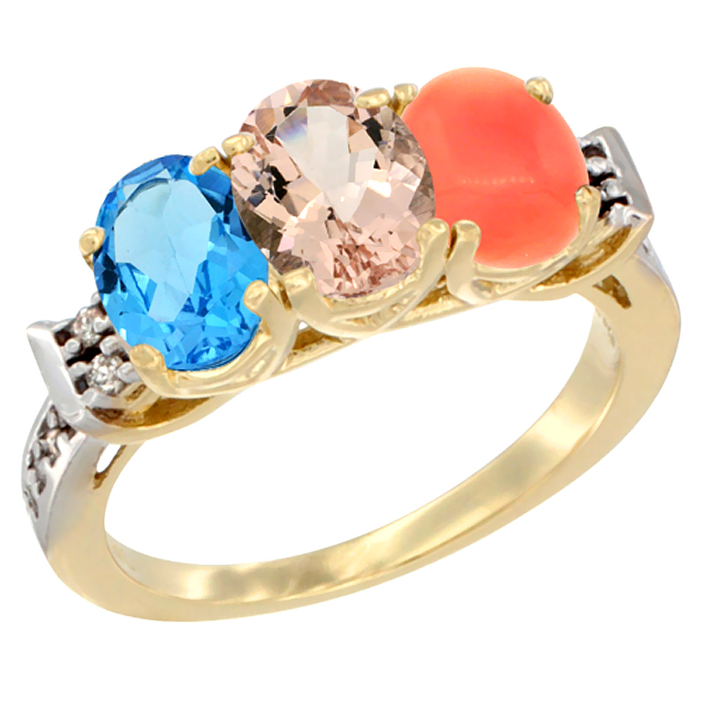 10K Yellow Gold Natural Swiss Blue Topaz, Morganite &amp; Coral Ring 3-Stone Oval 7x5 mm Diamond Accent, sizes 5 - 10