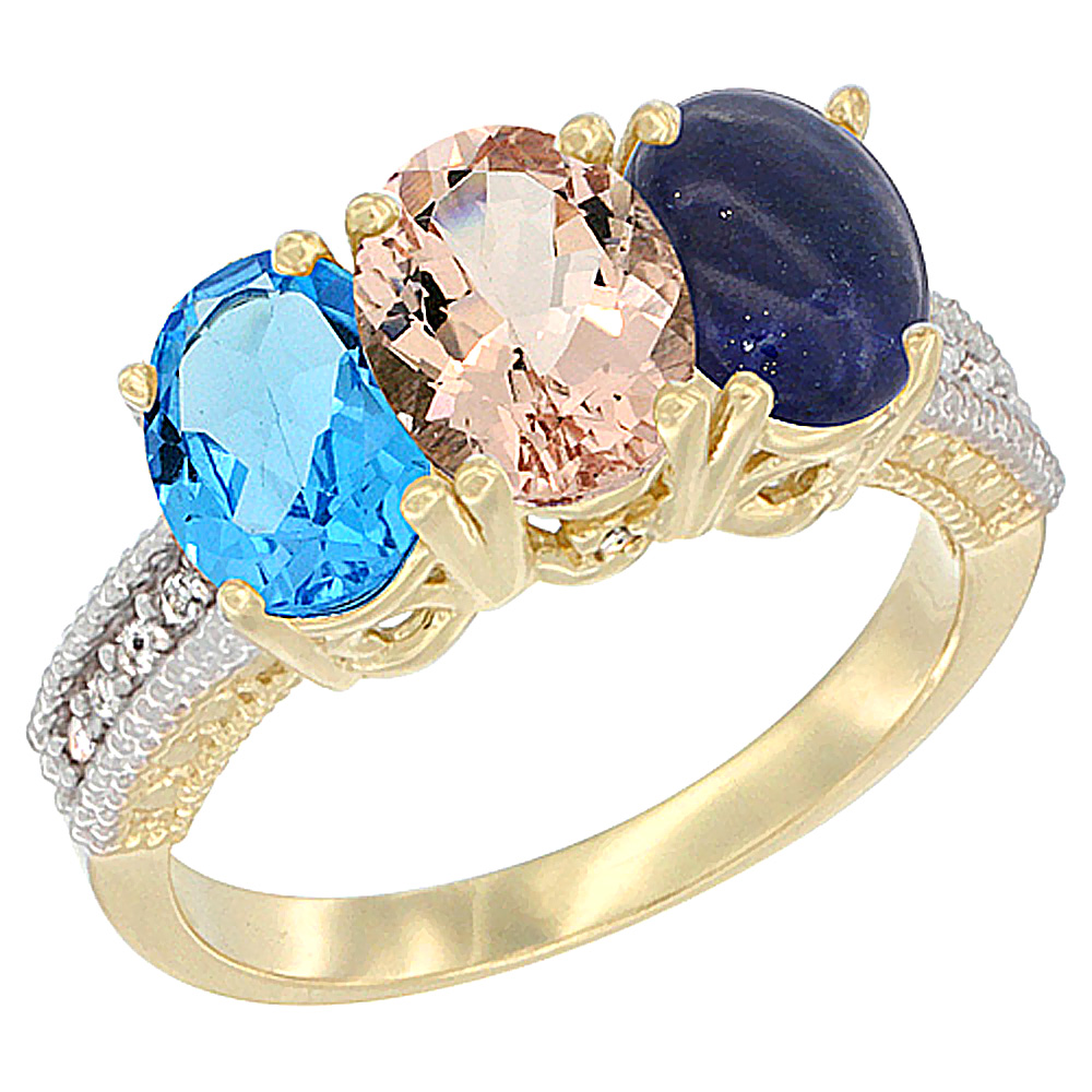 14K Yellow Gold Natural Swiss Blue Topaz, Morganite & Lapis Ring 3-Stone 7x5 mm Oval Diamond Accent, sizes 5 - 10