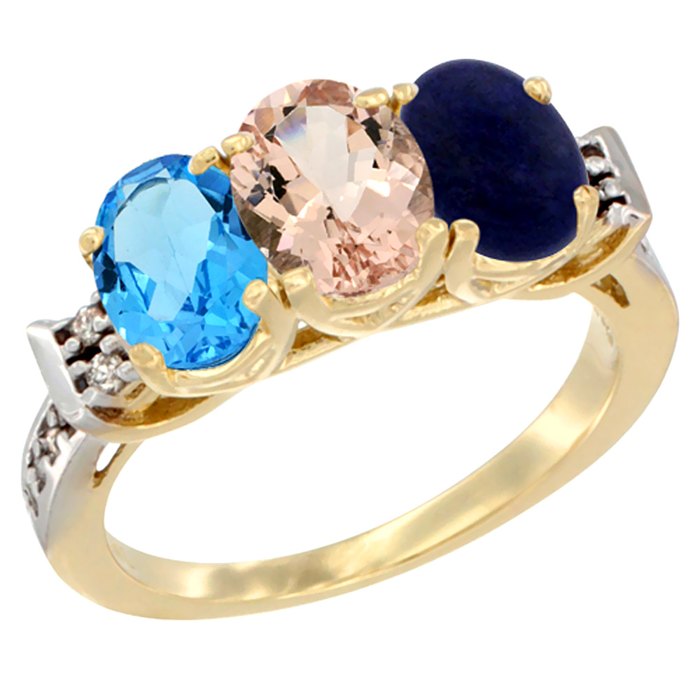 10K Yellow Gold Natural Swiss Blue Topaz, Morganite &amp; Lapis Ring 3-Stone Oval 7x5 mm Diamond Accent, sizes 5 - 10