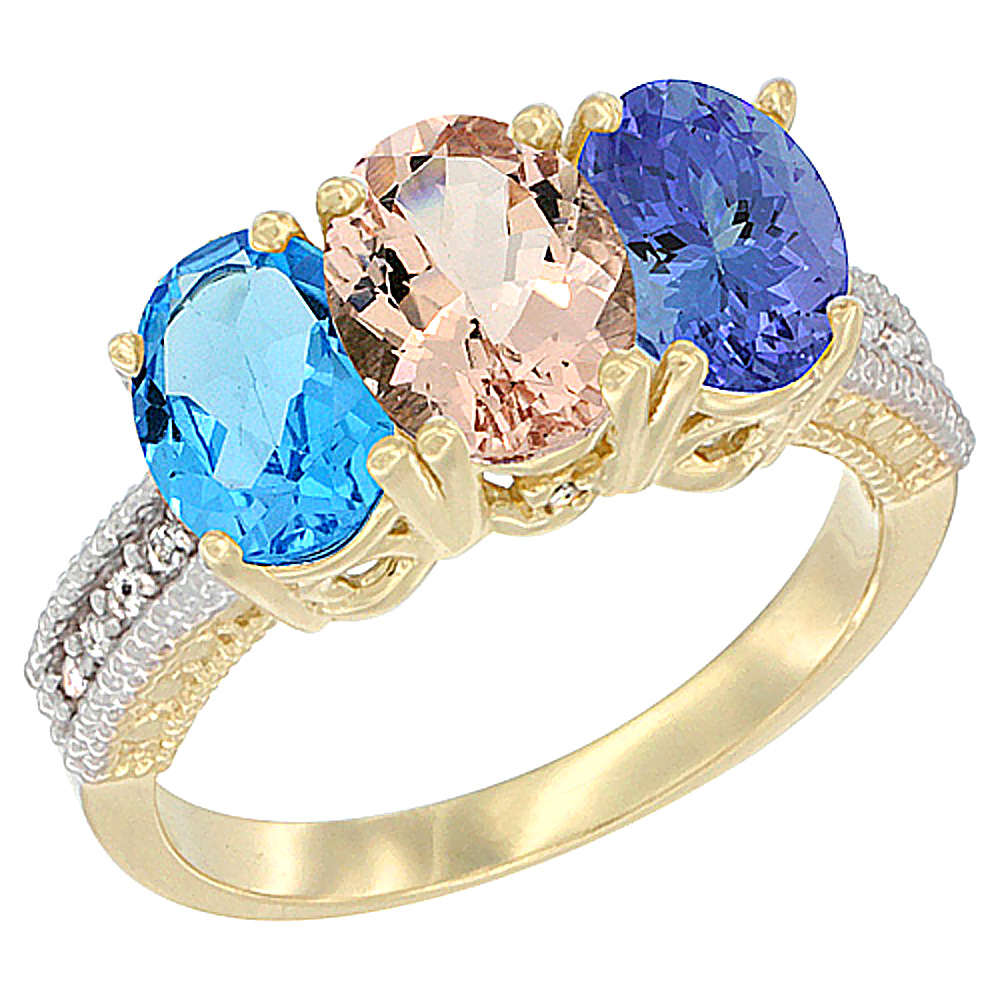 10K Yellow Gold Diamond Natural Swiss Blue Topaz, Morganite & Tanzanite Ring 3-Stone Oval 7x5 mm, sizes 5 - 10