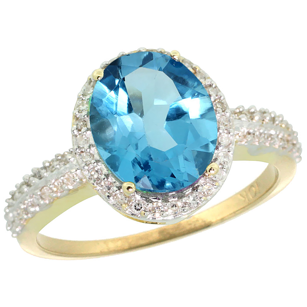 14K Yellow Gold Diamond Natural Swiss Blue Topaz Engagement Ring Oval 10x8mm, sizes 5-10