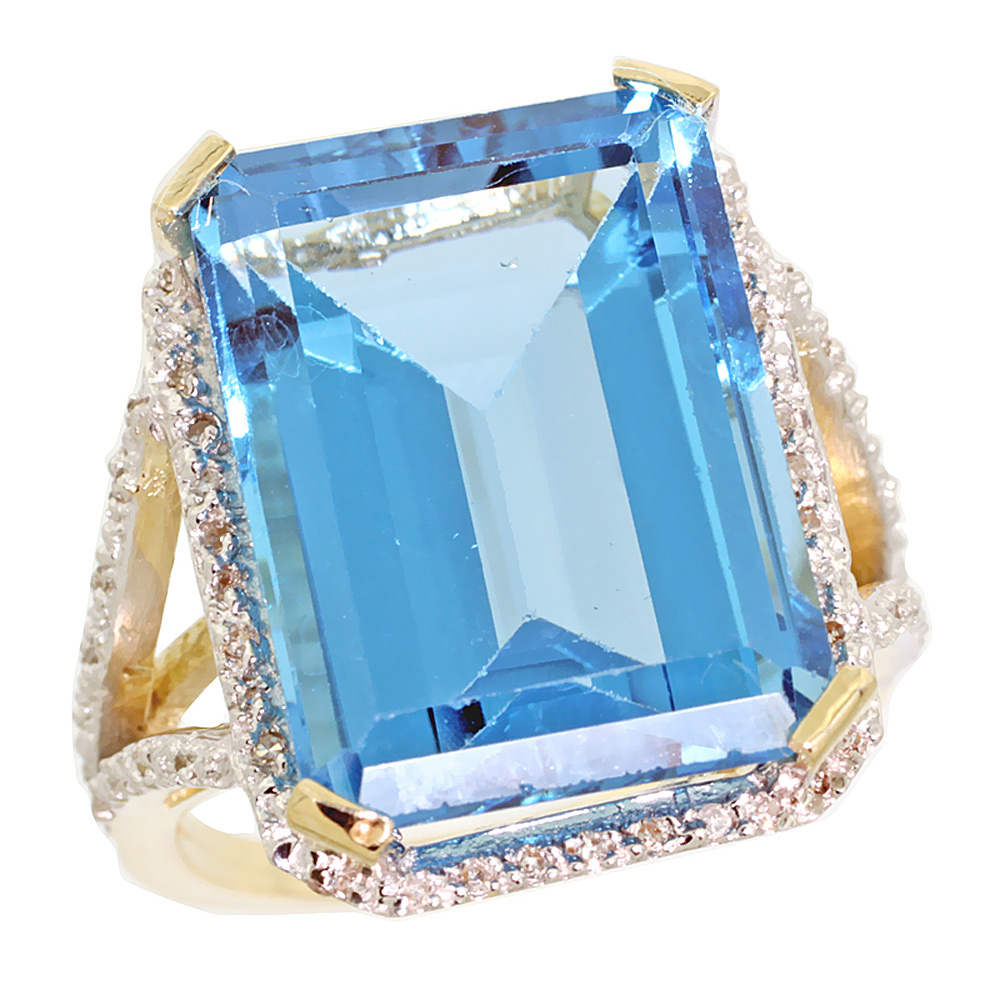 10K Yellow Gold Diamond Genuine Blue Topaz Ring Halo Emerald-cut 18x13mm sizes 5-10