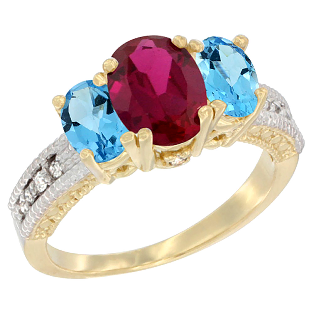 10K Yellow Gold Diamond Quality Ruby 7x5mm &amp; 6x4mm Swiss Blue Topaz Oval 3-stone Mothers Ring,size 5 - 10