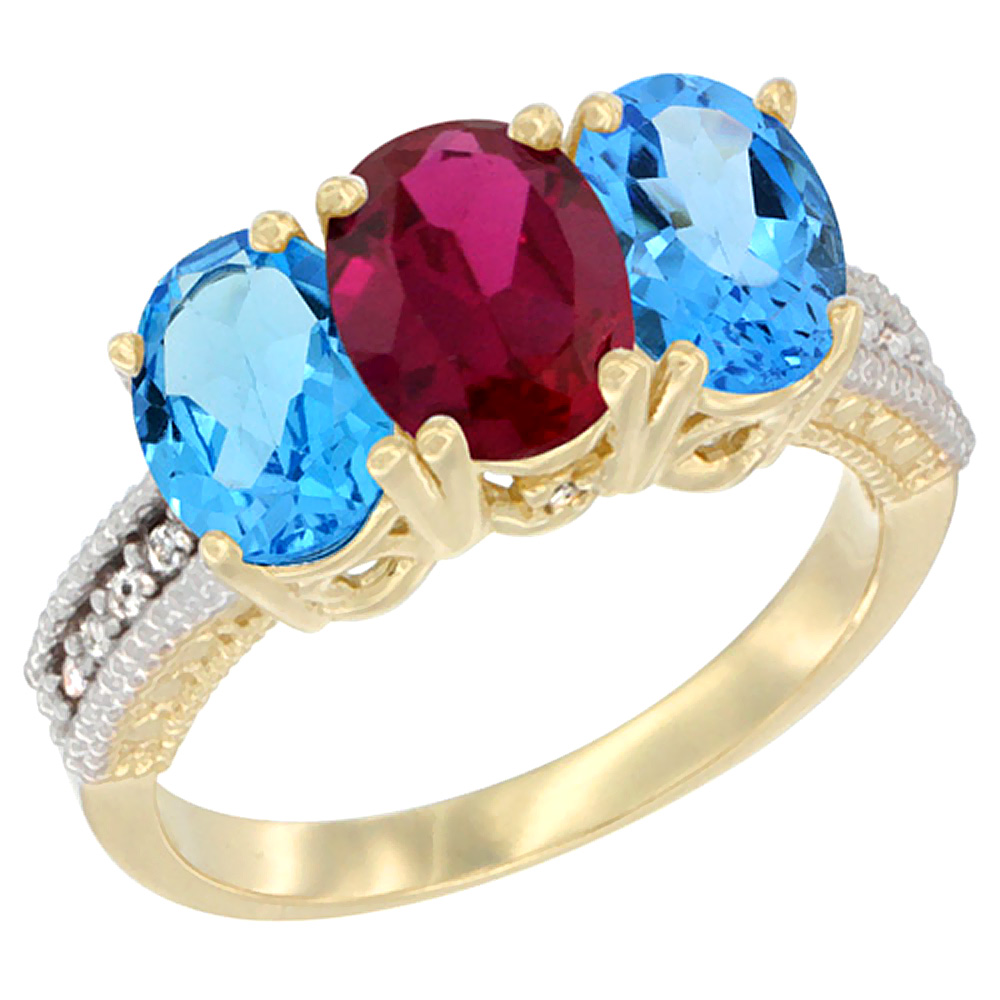 10K Yellow Gold Diamond Enhanced Ruby &amp; Natural Swiss Blue Topaz Sides Ring 3-Stone Oval 7x5 mm, sizes 5 - 10