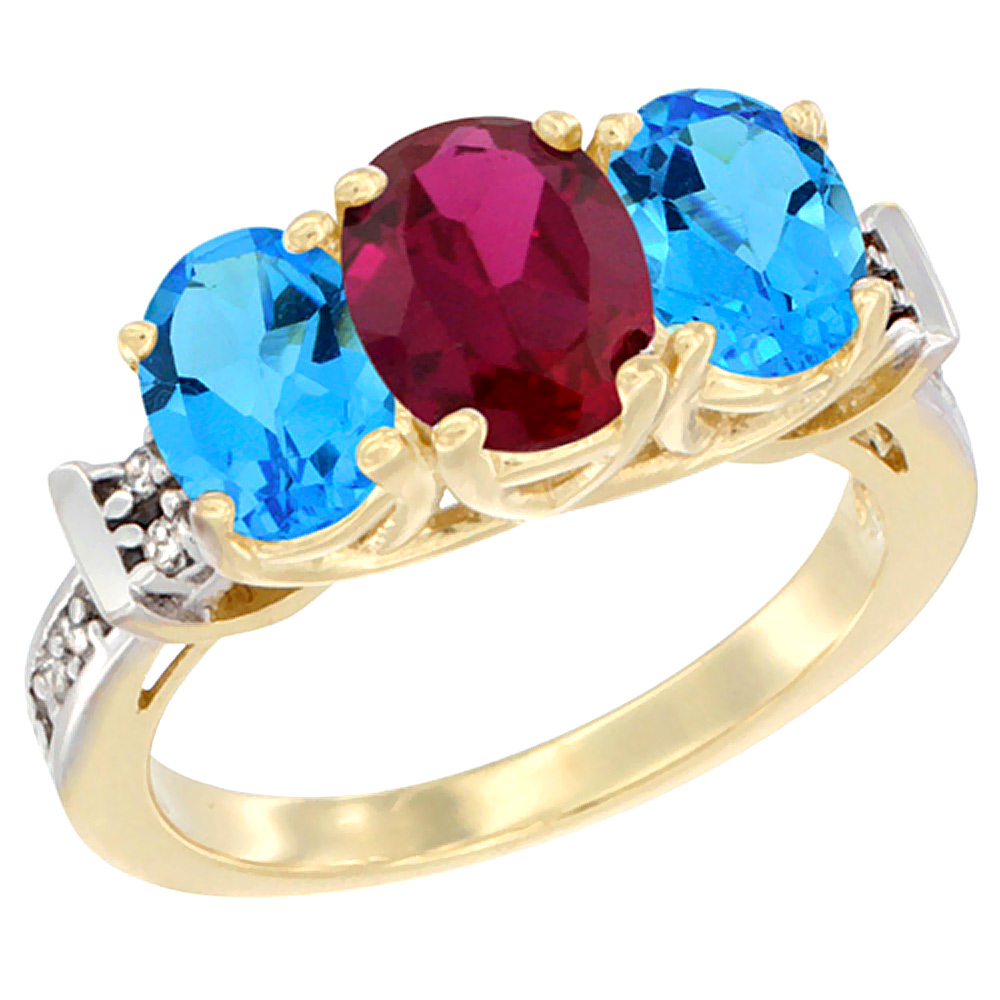14K Yellow Gold Enhanced Ruby & Swiss Blue Topaz Sides Ring 3-Stone Oval Diamond Accent, sizes 5 - 10