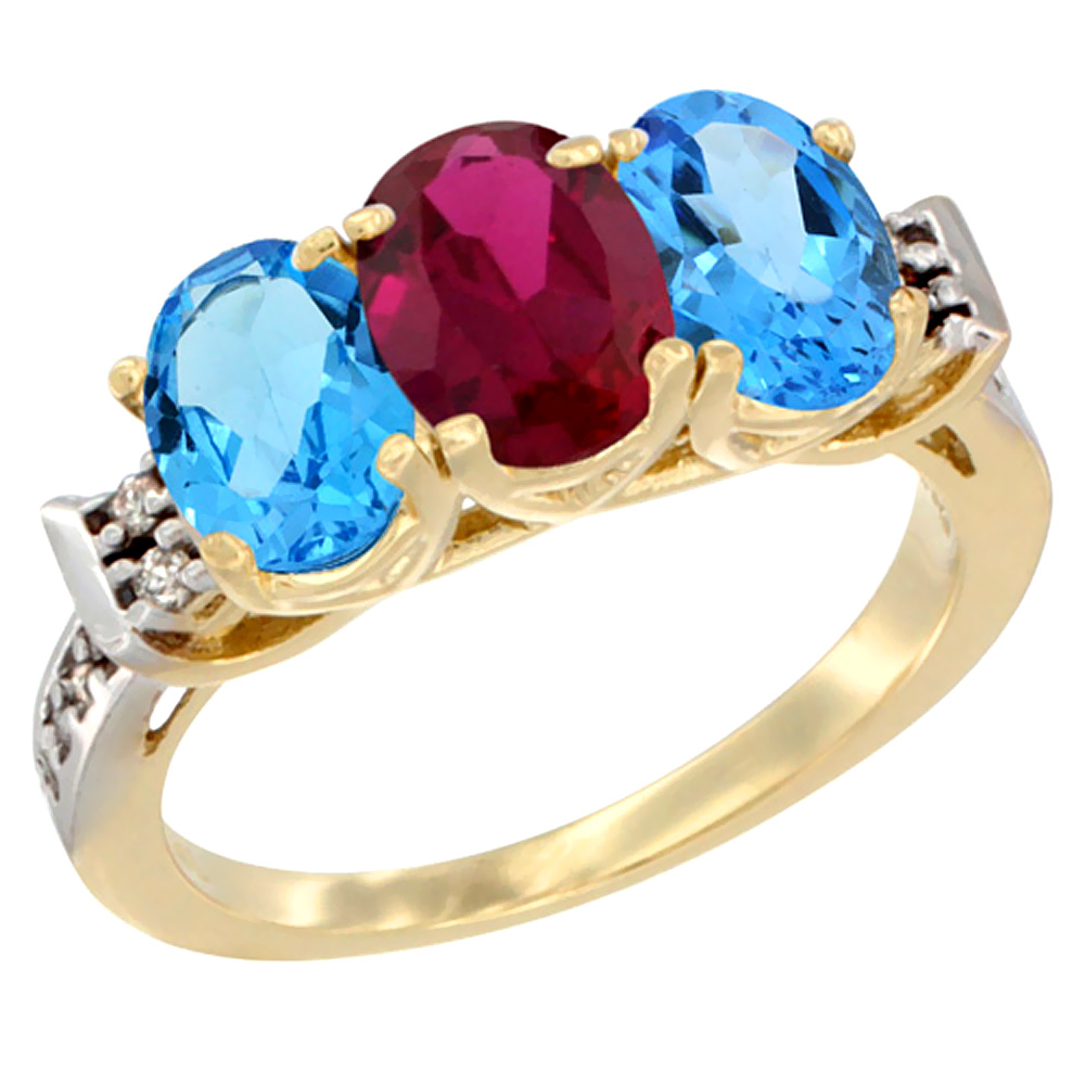 14K Yellow Gold Natural Enhanced Ruby & Natural Swiss Blue Topaz Sides Ring 3-Stone 7x5 mm Oval Diamond Accent, sizes 5 - 10