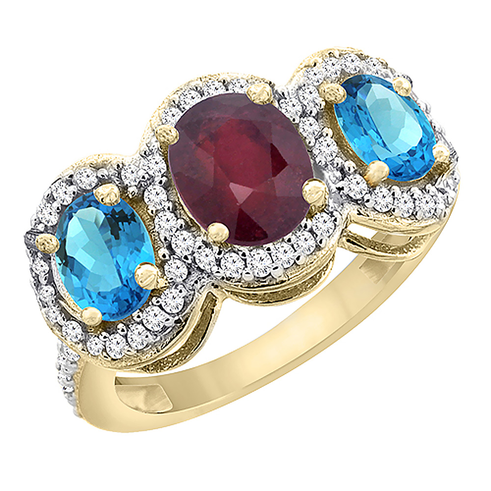 10K Yellow Gold Enhanced Ruby &amp; Natural Swiss Blue Topaz 3-Stone Ring Oval Diamond Accent, sizes 5 - 10