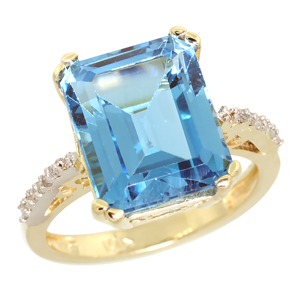 10K Yellow Gold Diamond Genuine Blue Topaz Ring Emerald-cut 12x10mm sizes 5-10