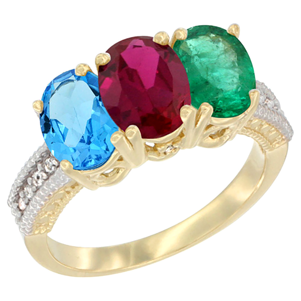 10K Yellow Gold Diamond Natural Swiss Blue Topaz, Enhanced Ruby & Natural Emerald Ring 3-Stone Oval 7x5 mm, sizes 5 - 10