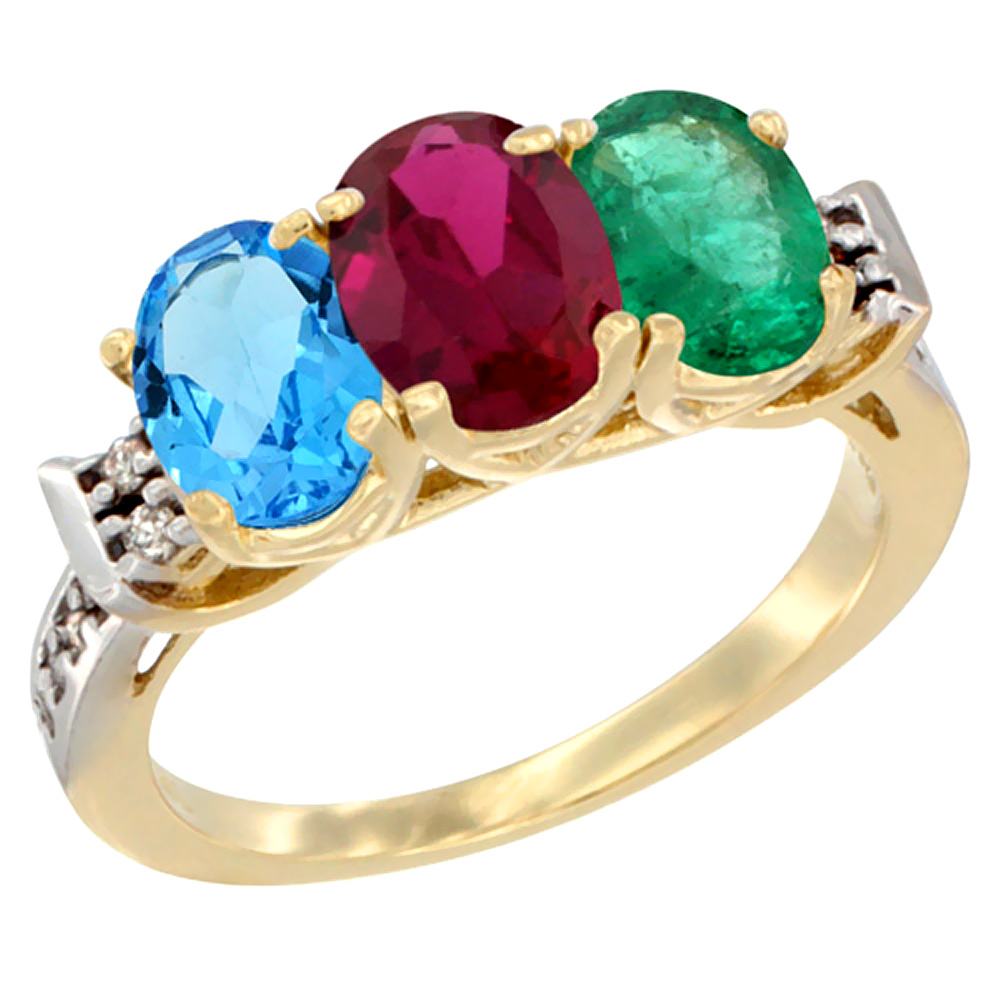 10K Yellow Gold Natural Swiss Blue Topaz, Enhanced Ruby & Natural Emerald Ring 3-Stone Oval 7x5 mm Diamond Accent, sizes 5 - 10