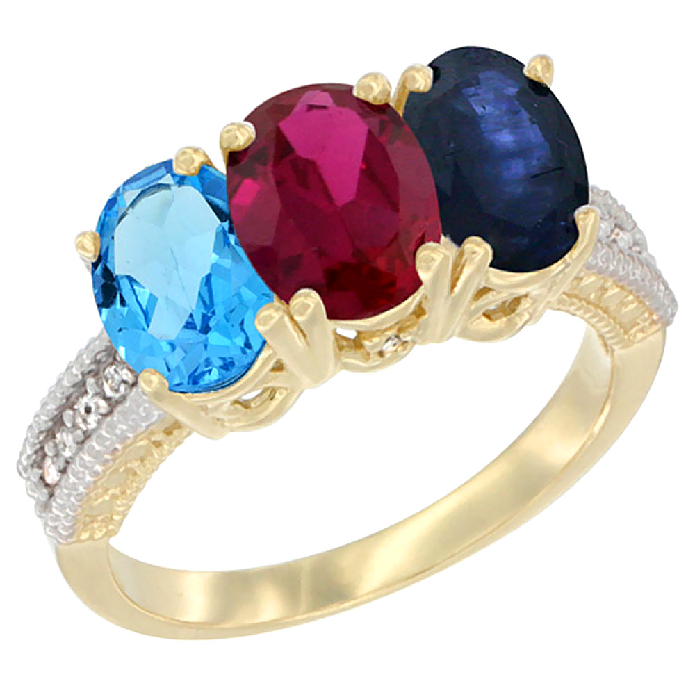 10K Yellow Gold Diamond Natural Swiss Blue Topaz, Enhanced Ruby & Natural Blue Sapphire Ring 3-Stone Oval 7x5 mm, sizes 5 - 10