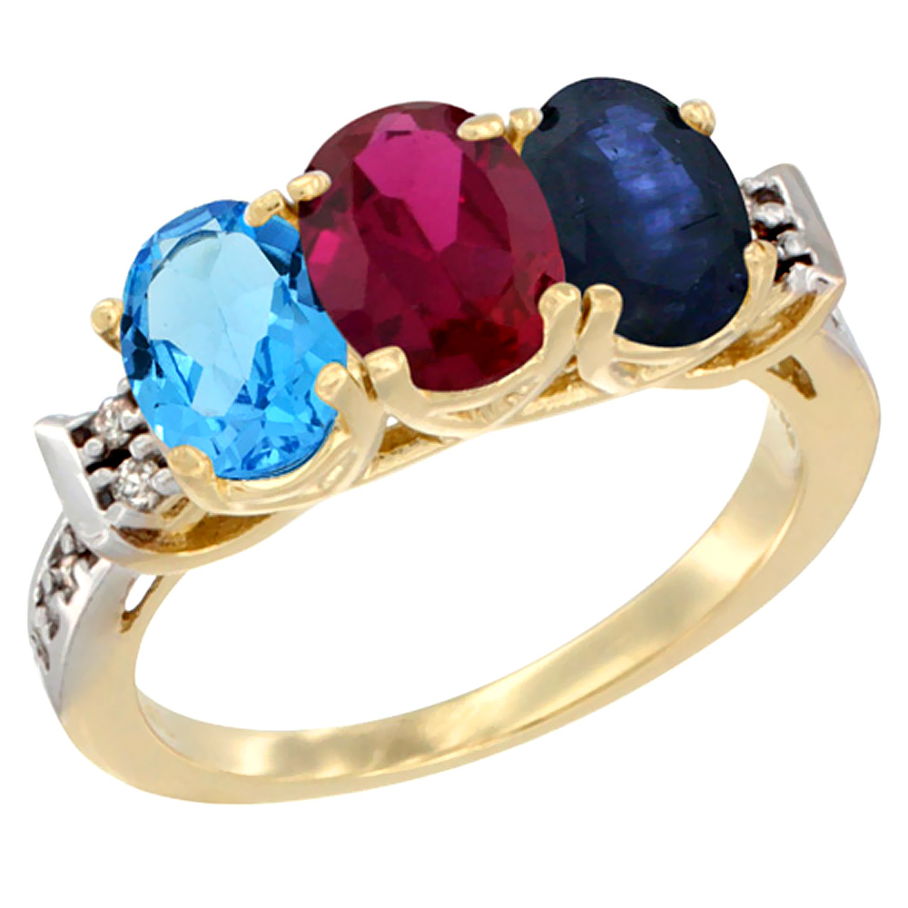 10K Yellow Gold Natural Swiss Blue Topaz, Enhanced Ruby &amp; Natural Blue Sapphire Ring 3-Stone Oval 7x5 mm Diamond Accent, sizes 5 - 10