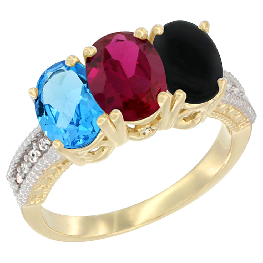 10K Yellow Gold Diamond Natural Swiss Blue Topaz, Enhanced Ruby & Natural Black Onyx Ring 3-Stone Oval 7x5 mm, sizes 5 - 10