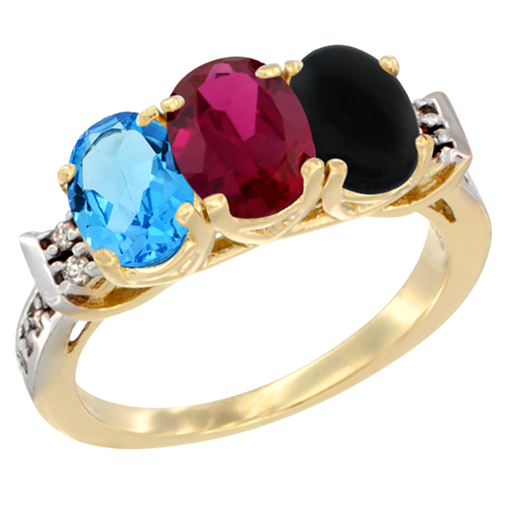 14K Yellow Gold Natural Swiss Blue Topaz, Enhanced Ruby &amp; Natural Black Onyx Ring 3-Stone 7x5 mm Oval Diamond Accent, sizes 5 - 10