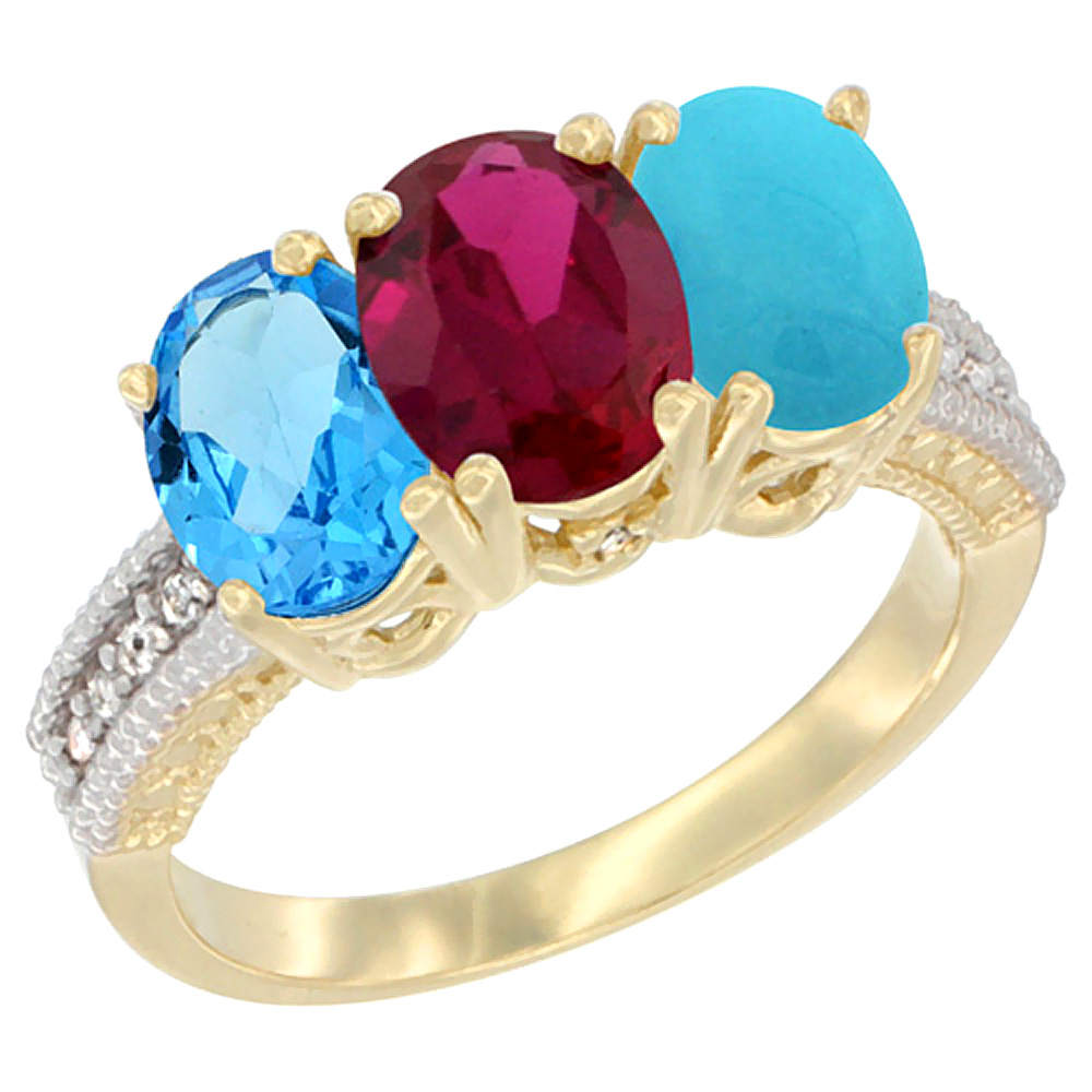 10K Yellow Gold Diamond Natural Swiss Blue Topaz, Enhanced Ruby & Natural Turquoise Ring 3-Stone Oval 7x5 mm, sizes 5 - 10