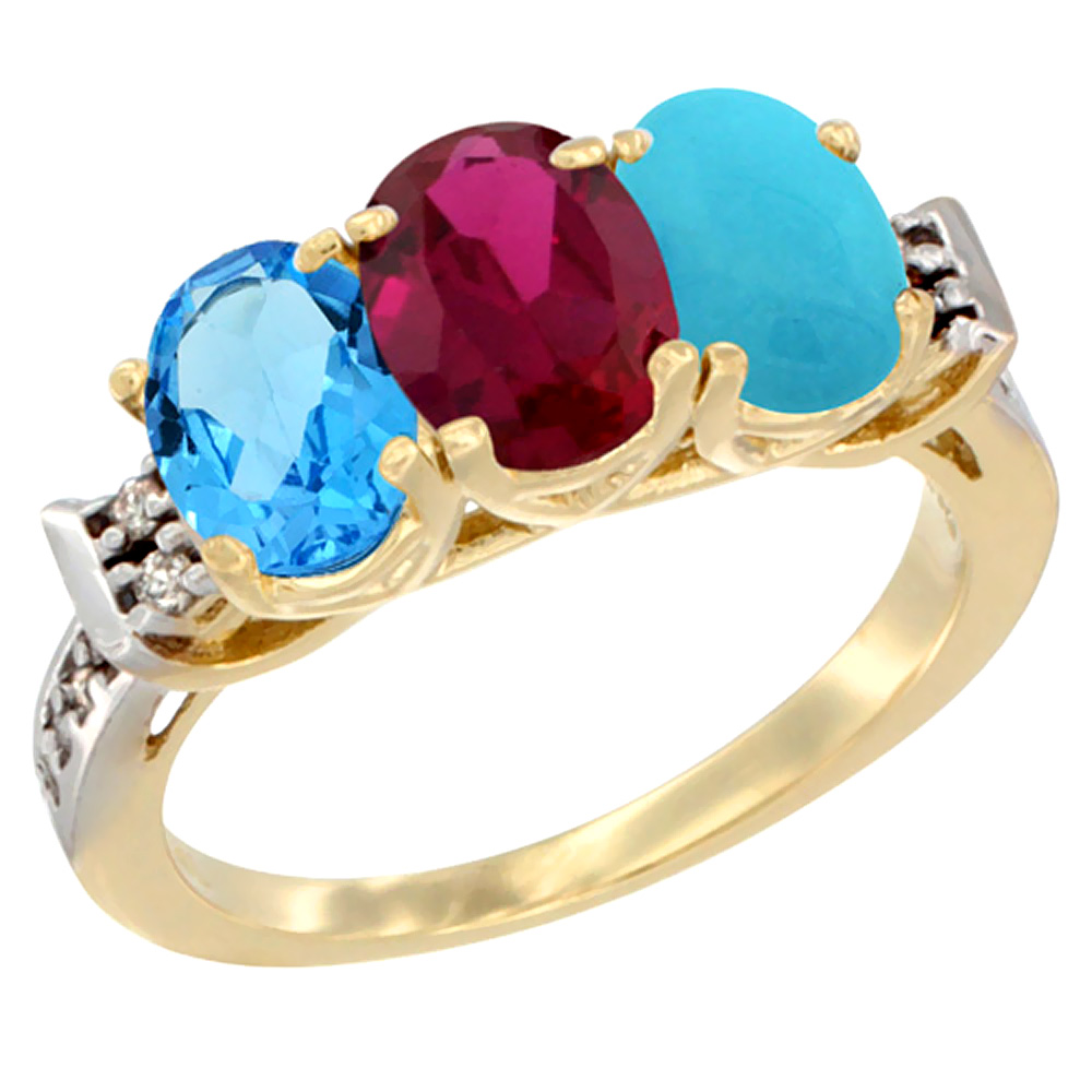 10K Yellow Gold Natural Swiss Blue Topaz, Enhanced Ruby & Natural Turquoise Ring 3-Stone Oval 7x5 mm Diamond Accent, sizes 5 - 10