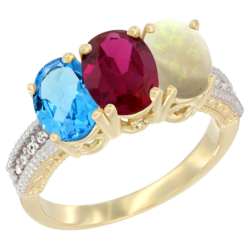 14K Yellow Gold Natural Swiss Blue Topaz, Enhanced Ruby & Natural Opal Ring 3-Stone 7x5 mm Oval Diamond Accent, sizes 5 - 10