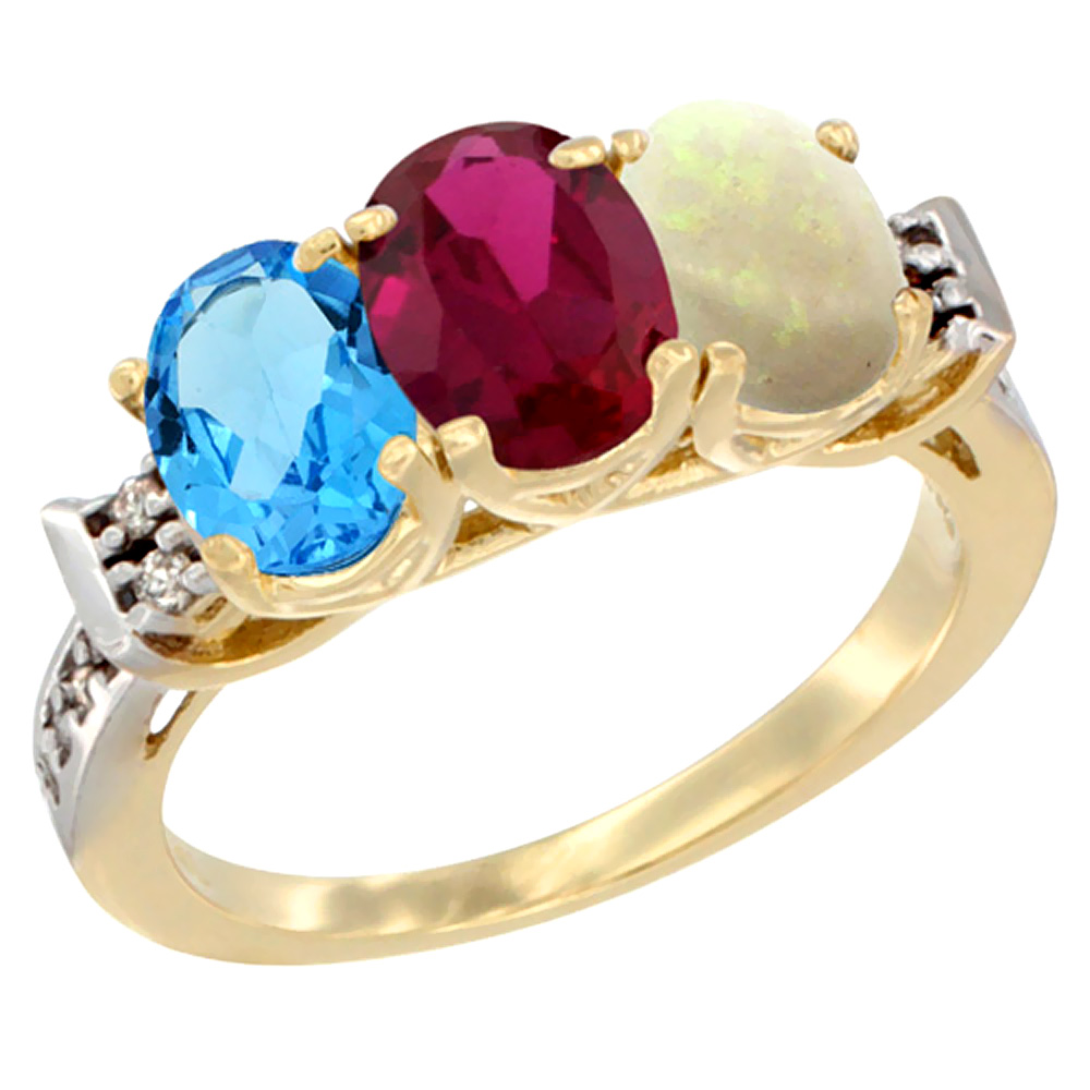 10K Yellow Gold Natural Swiss Blue Topaz, Enhanced Ruby & Natural Opal Ring 3-Stone Oval 7x5 mm Diamond Accent, sizes 5 - 10