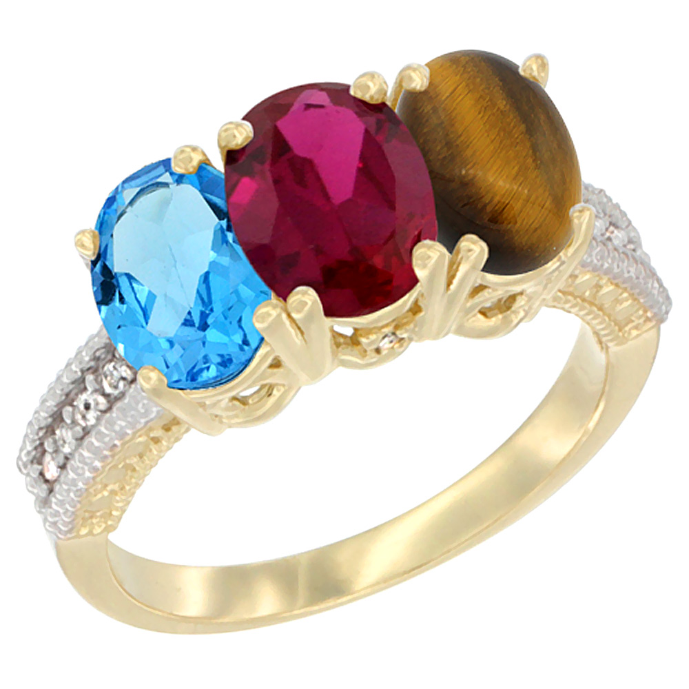14K Yellow Gold Natural Swiss Blue Topaz, Enhanced Ruby & Natural Tiger Eye Ring 3-Stone 7x5 mm Oval Diamond Accent, sizes 5 - 10