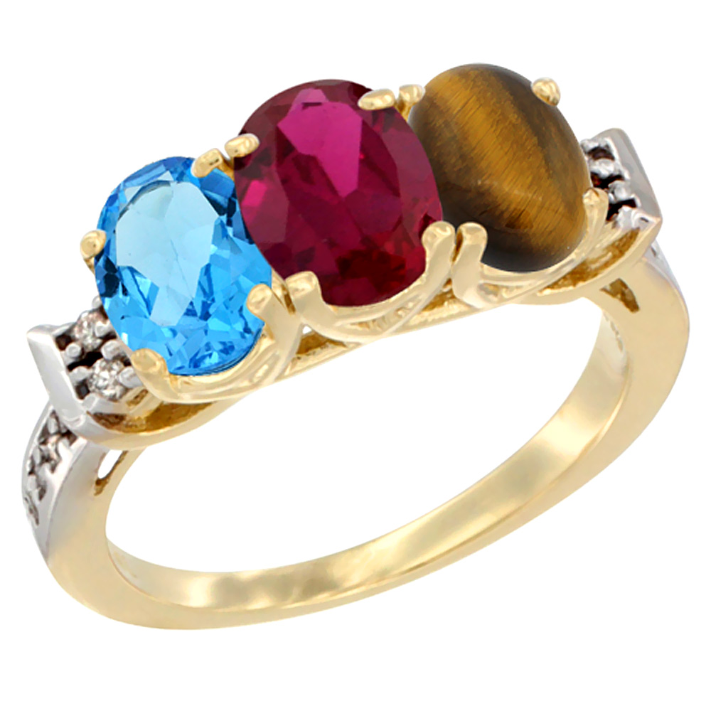 10K Yellow Gold Natural Swiss Blue Topaz, Enhanced Ruby &amp; Natural Tiger Eye Ring 3-Stone Oval 7x5 mm Diamond Accent, sizes 5 - 10