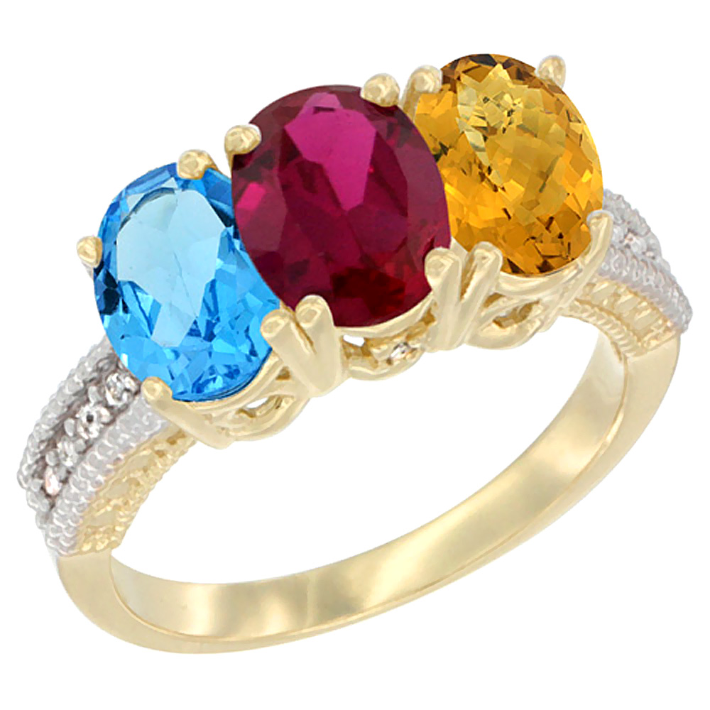14K Yellow Gold Natural Swiss Blue Topaz, Enhanced Ruby & Natural Whisky Quartz Ring 3-Stone 7x5 mm Oval Diamond Accent, sizes 5 - 10