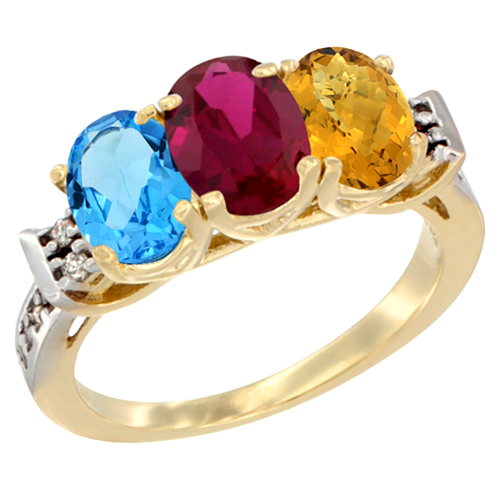 10K Yellow Gold Natural Swiss Blue Topaz, Enhanced Ruby &amp; Natural Whisky Quartz Ring 3-Stone Oval 7x5 mm Diamond Accent, sizes 5 - 10