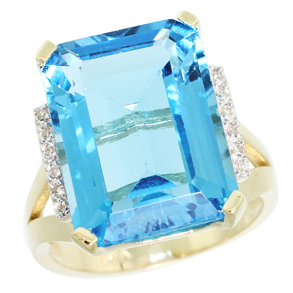 10K Yellow Gold Diamond Genuine Blue Topaz Ring Emerald-cut 16x12mm sizes 5-10