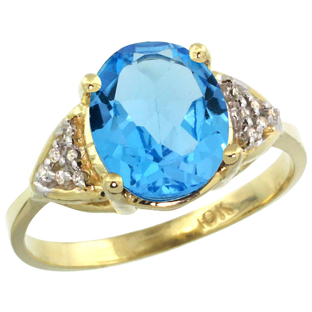 10K Yellow Gold Diamond Genuine Blue Topaz Engagement Ring Oval 10x8mm sizes 5-10