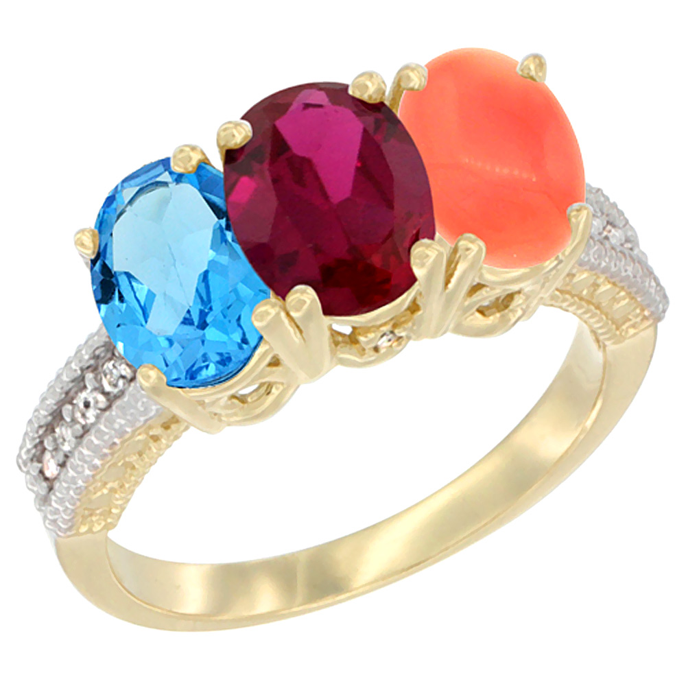 10K Yellow Gold Diamond Natural Swiss Blue Topaz, Enhanced Ruby & Natural Coral Ring 3-Stone Oval 7x5 mm, sizes 5 - 10