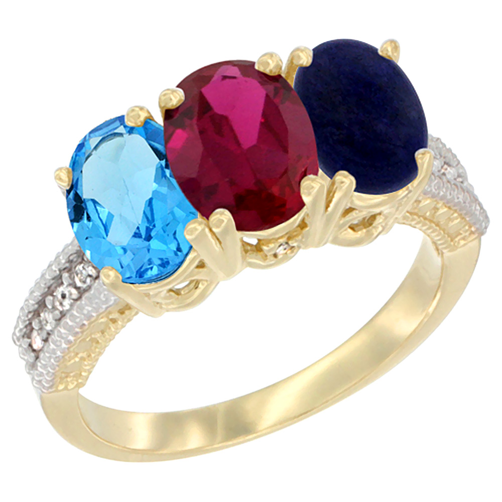 14K Yellow Gold Natural Swiss Blue Topaz, Enhanced Ruby &amp; Natural Lapis Ring 3-Stone 7x5 mm Oval Diamond Accent, sizes 5 - 10
