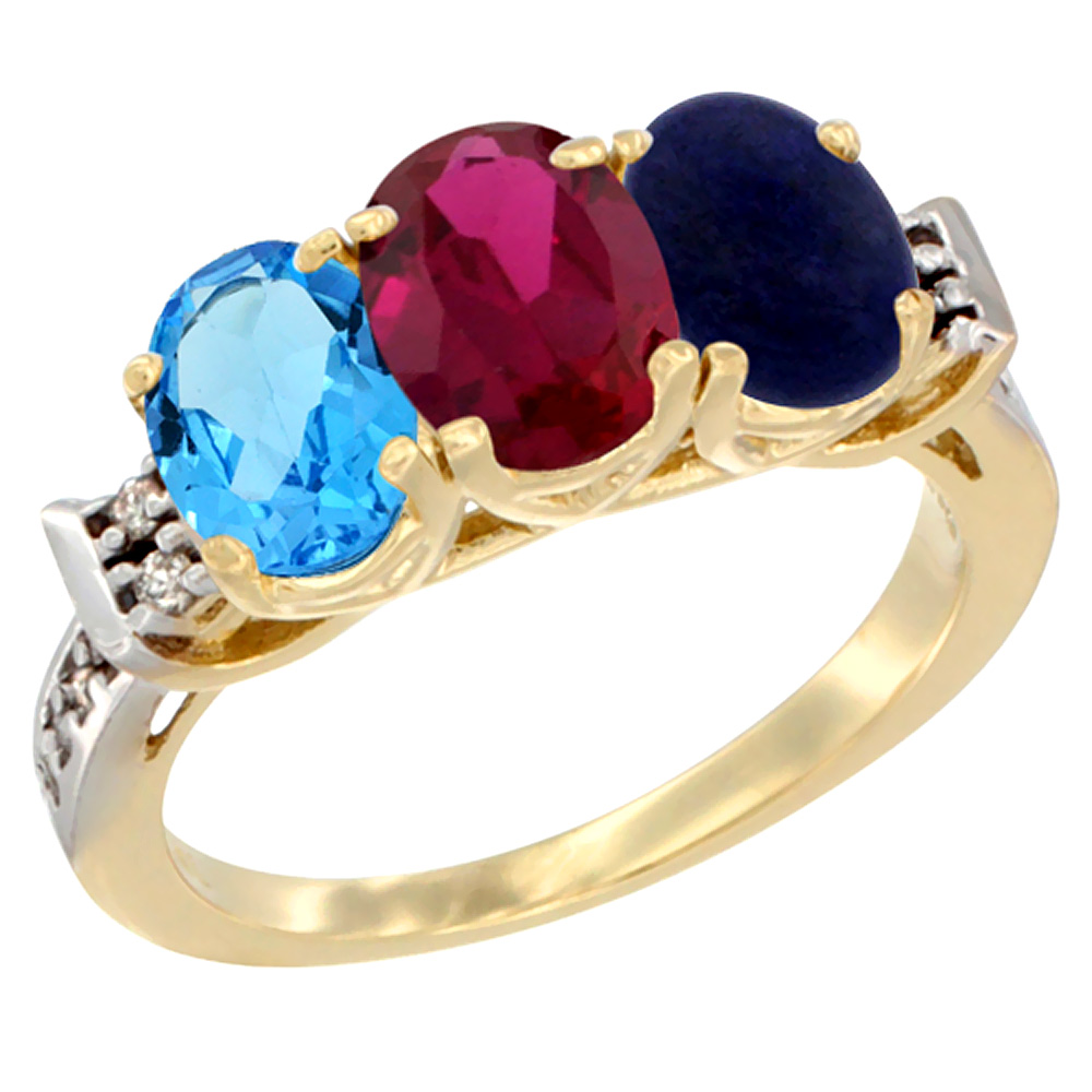 10K Yellow Gold Natural Swiss Blue Topaz, Enhanced Ruby & Natural Lapis Ring 3-Stone Oval 7x5 mm Diamond Accent, sizes 5 - 10