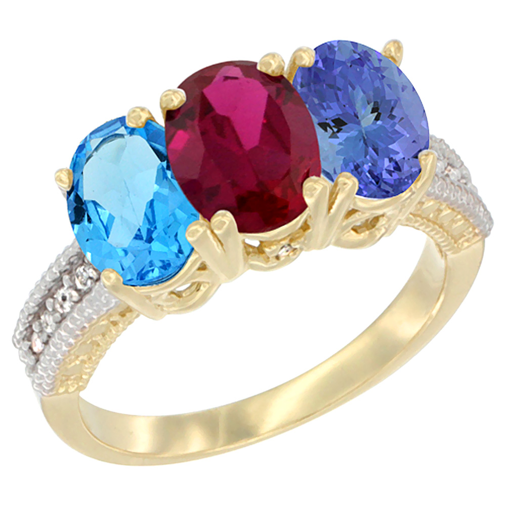 10K Yellow Gold Diamond Natural Swiss Blue Topaz, Enhanced Ruby &amp; Natural Tanzanite Ring 3-Stone Oval 7x5 mm, sizes 5 - 10