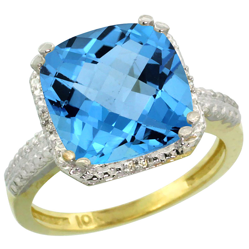 10K Yellow Gold Diamond Genuine Blue Topaz Ring Halo Cushion-cut 11x11mm sizes 5-10