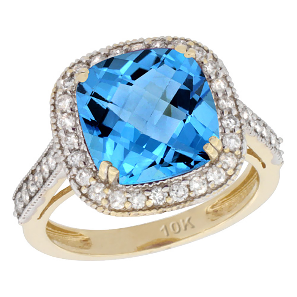 10k Yellow Gold Genuine Blue Topaz Ring Cushion-cut 10x10mm Diamond Halo sizes 5-10