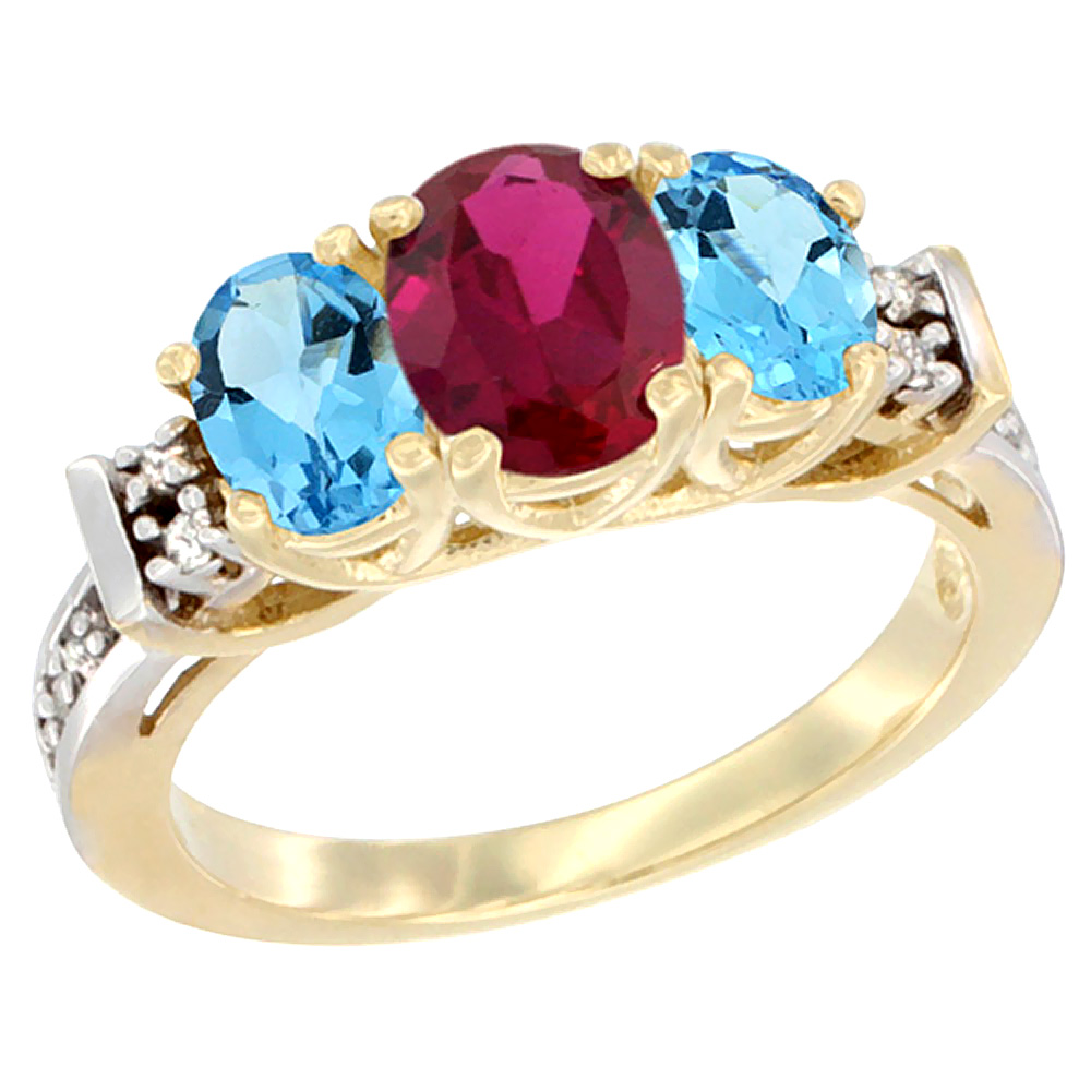 10K Yellow Gold Natural High Quality Ruby & Swiss Blue Topaz Ring 3-Stone Oval Diamond Accent