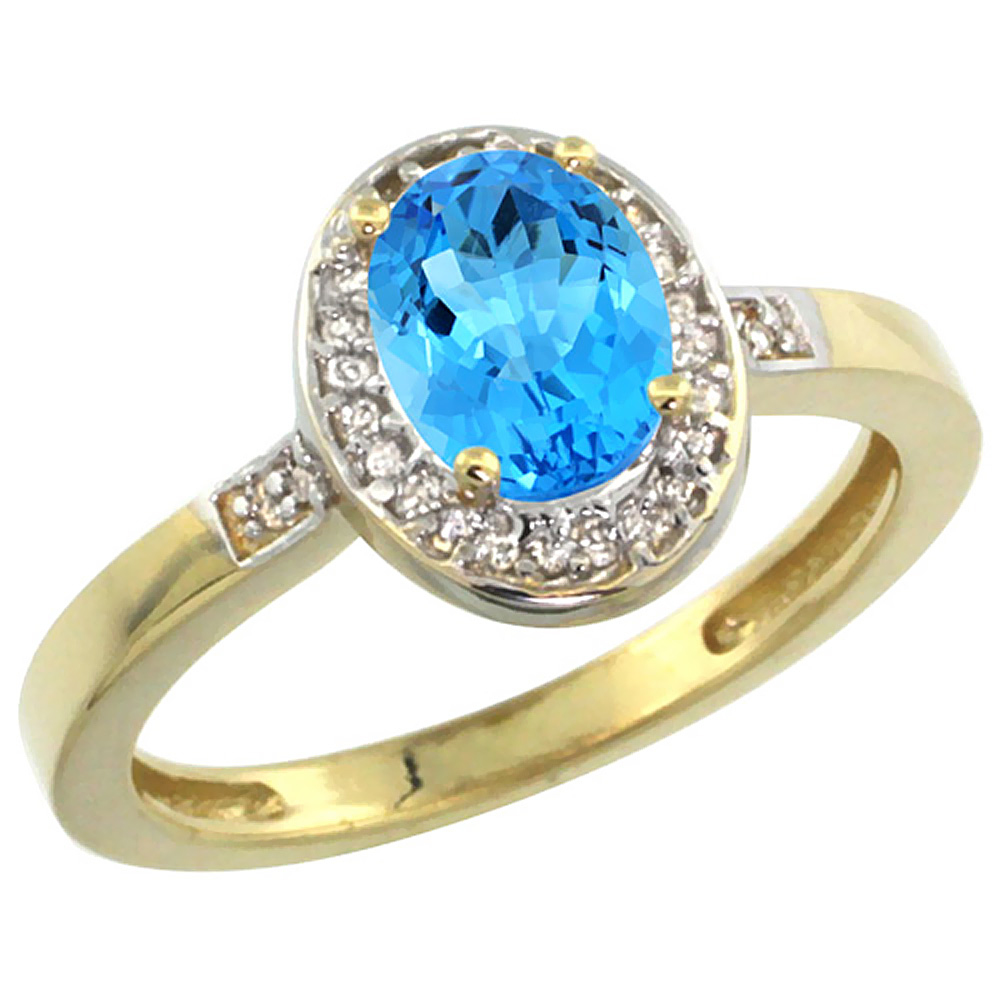 10K Yellow Gold Diamond Genuine Blue Topaz Engagement Ring Halo Oval 7x5mm sizes 5-10