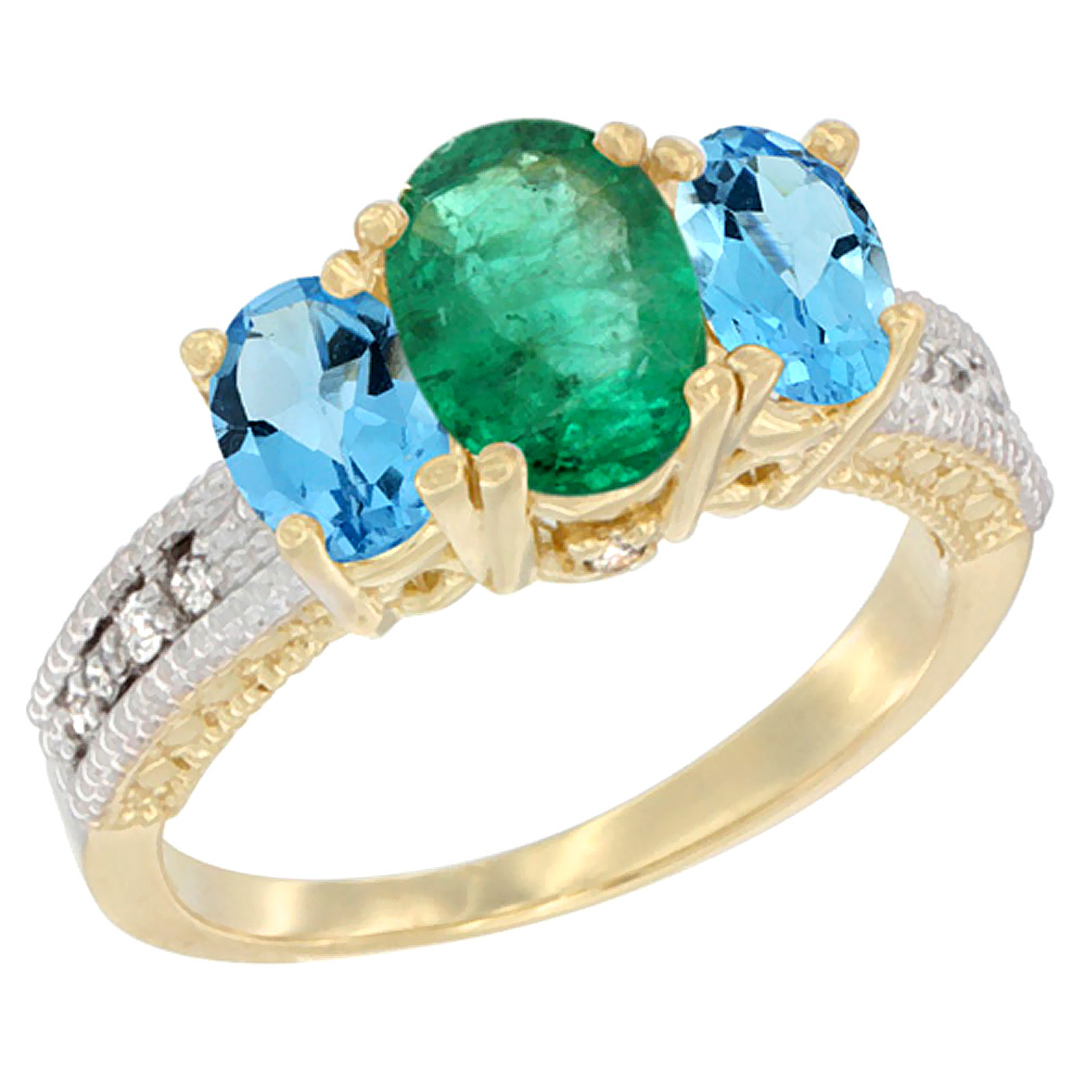 14K Yellow Gold Diamond Natural Emerald Ring Oval 3-stone with Swiss Blue Topaz, sizes 5 - 10