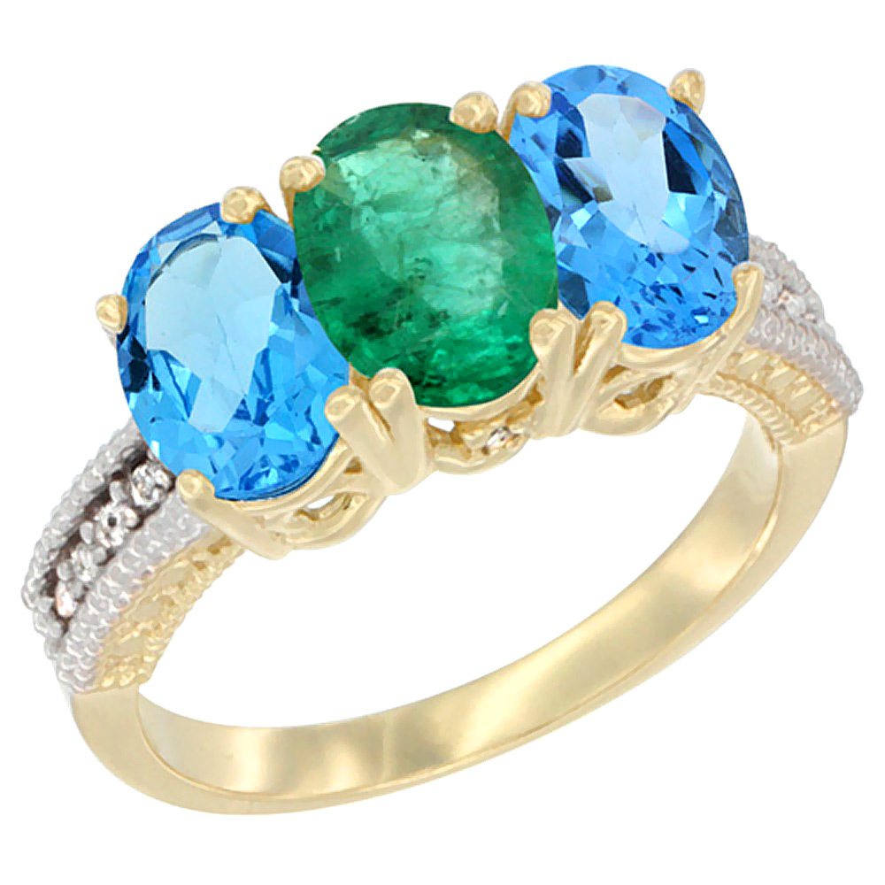 10K Yellow Gold Diamond Natural Emerald &amp; Swiss Blue Topaz Sides Ring 3-Stone Oval 7x5 mm, sizes 5 - 10