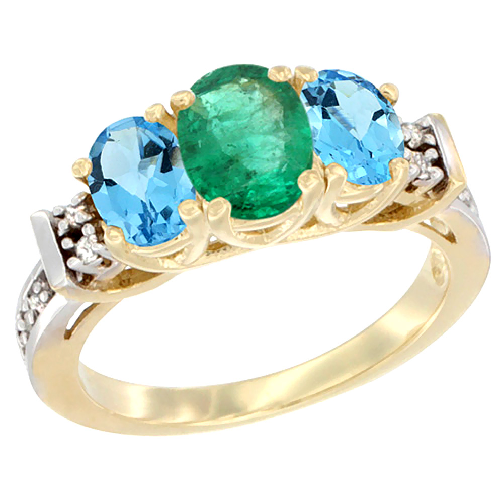 14K Yellow Gold Natural Emerald &amp; Swiss Blue Topaz Ring 3-Stone Oval Diamond Accent