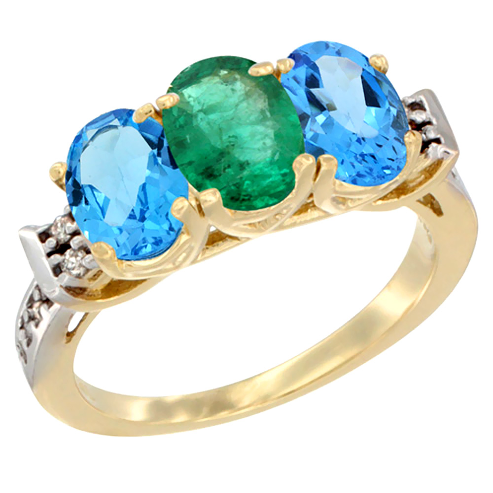 10K Yellow Gold Natural Emerald &amp; Swiss Blue Topaz Sides Ring 3-Stone Oval 7x5 mm Diamond Accent, sizes 5 - 10