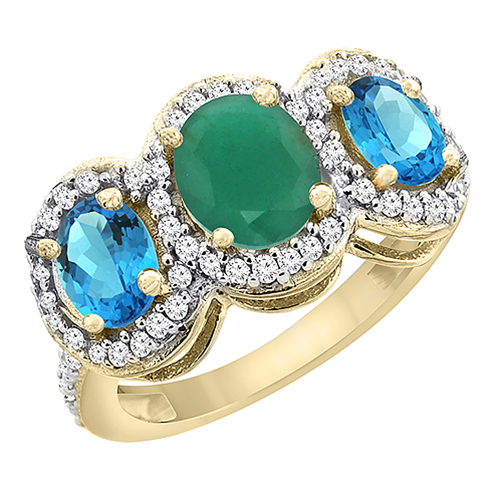 14K Yellow Gold Diamond Natural Quality Emerald &amp; Swiss Blue Topaz Oval 3-stone Mothers Ring,size5-10