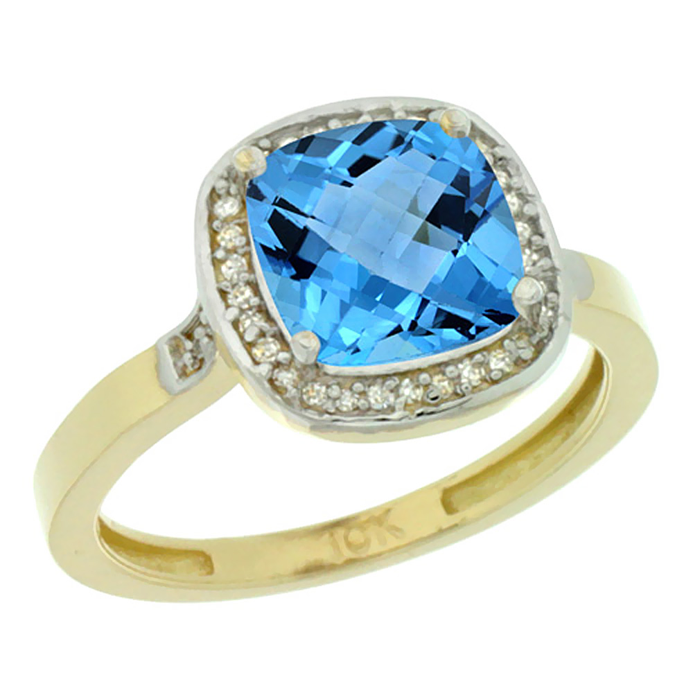 10K Yellow Gold Diamond Genuine Blue Topaz Ring Halo Cushion-cut 8x8mm sizes 5-10