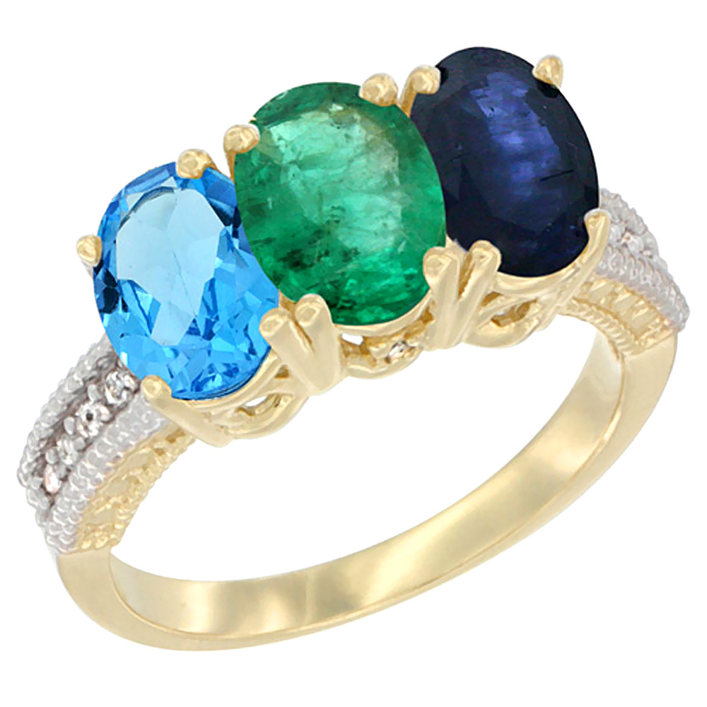 14K Yellow Gold Natural Swiss Blue Topaz, Emerald & Blue Sapphire Ring 3-Stone 7x5 mm Oval Diamond Accent, sizes 5 - 10