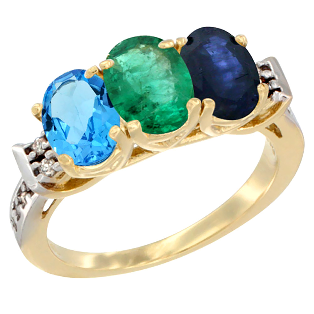 14K Yellow Gold Natural Swiss Blue Topaz, Emerald &amp; Blue Sapphire Ring 3-Stone 7x5 mm Oval Diamond Accent, sizes 5 - 10