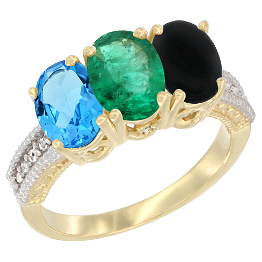 14K Yellow Gold Natural Swiss Blue Topaz, Emerald &amp; Black Onyx Ring 3-Stone 7x5 mm Oval Diamond Accent, sizes 5 - 10