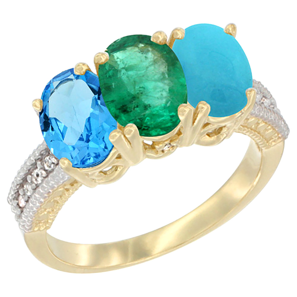 10K Yellow Gold Diamond Natural Swiss Blue Topaz, Emerald & Turquoise Ring 3-Stone Oval 7x5 mm, sizes 5 - 10