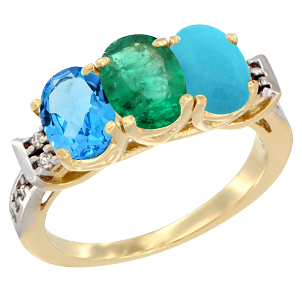 10K Yellow Gold Natural Swiss Blue Topaz, Emerald &amp; Turquoise Ring 3-Stone Oval 7x5 mm Diamond Accent, sizes 5 - 10